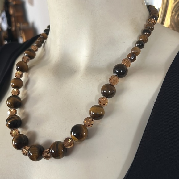 Vintage Genuine Tigers Eye Stone and Amber Crystal Bead Necklace - Picture 4 of 6